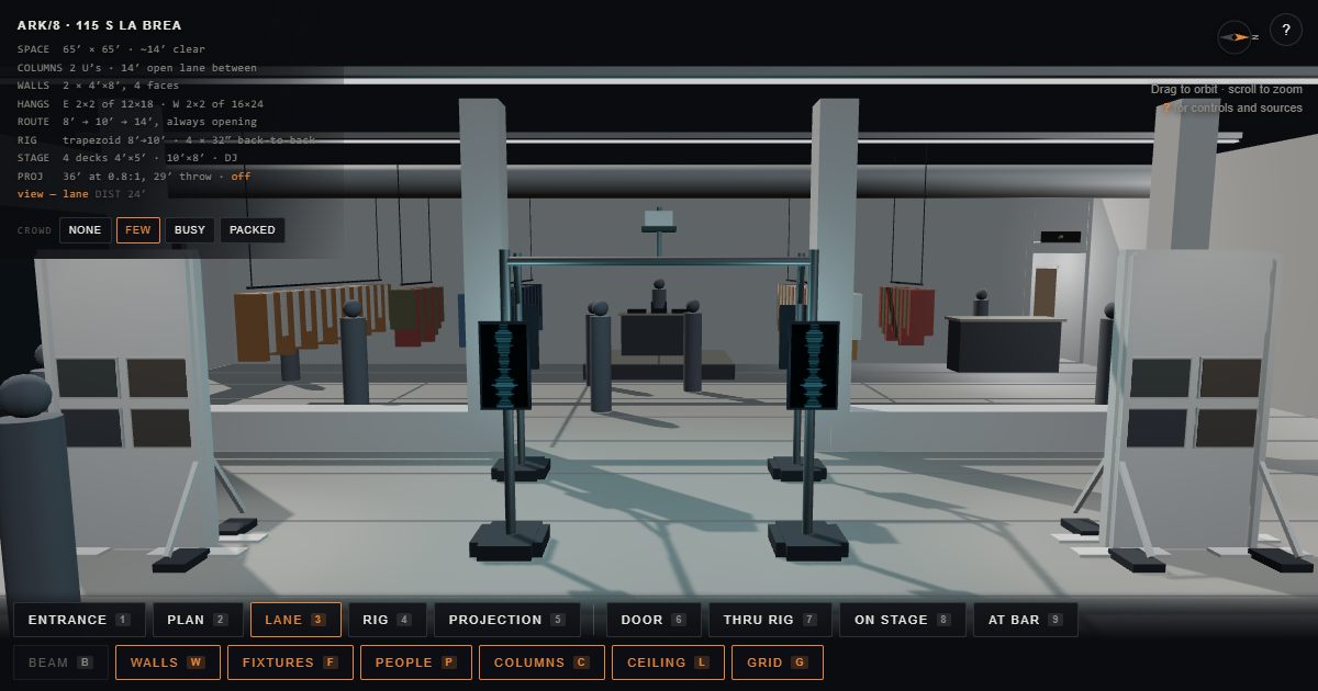 Still render of the Ark/8 installation model: the room seen from the entrance, with the gallery walls, pipe rig and projector.